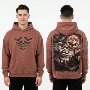 Sweat à capuche personnalisé pour homme, motif chauve-souris en strass, style vintage délavé, coupe oversize, imprimé graphique, streetwear, vente en gros - Product Image 1