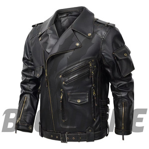 BLOODLINE Men's Black Genuine Leather Moto <b>Biker</b> <b>Jacket</b> Turn-down Collar Zipper Closure Autumn Wear - Product Image 3