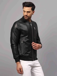 Blouson de motard en cuir premium, style vintage, décontracté, pour l'hiver, vêtement d'extérieur durable, élégant, confortable, avec logo frontal - Product Image 5