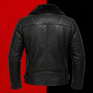 <b>Men's</b> Black <b>Shearling</b> Leather Moto <b>Jacket</b> Zip Up Biker <b>Jacket</b> Fur Collar Slim Fit Autumn Outerwear - Product Image 4