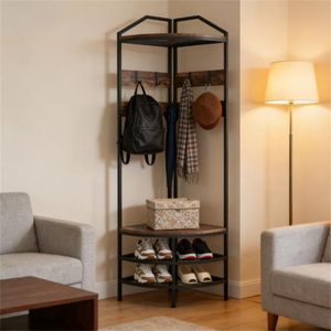 Étagère d'angle avec armoire à chaussures à suspendre sur la porte et porte-vêtements, solution de rangement multifonctionnelle - Product Image 1