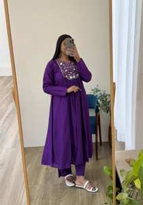 <b>women</b> purple v neck embroidered silk ethnic a line <b>kurti</b> with zigzag print scarf stylish party wear traditional outfit - Product Image 6