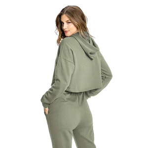 Olive Green Color Pullover Long Sleeves Women's Cropped Tracksuits Breathable Quick Dry Ladies Winter Wear Hoodie Trouser Sets - Product Image 3