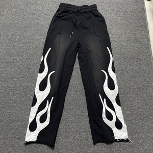 Pantalon de survêtement noir pour homme avec appliqué flamme blanche, taille élastique et cordon de serrage, style streetwear décontracté pour l'automne - Product Image 5