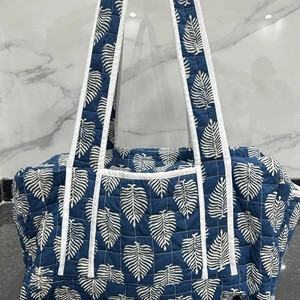 Quilted Cotton Duffle Bag Blue Leaf Pattern Large Capacity <b>Weekender</b> Travel Bag Zipper Closure - Product Image 6