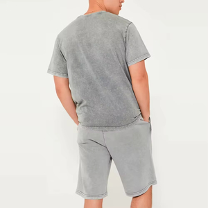 Men's Gray Solid Color Cotton Crew Neck <b>T</b>-<b>Shirt</b> and Shorts Set Casual Summer Wear Knitted Fabric Plain Dyed Style - Product Image 3