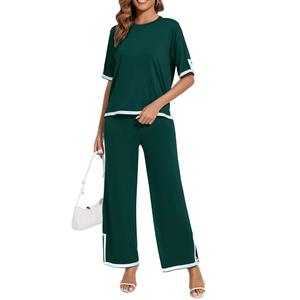 Survêtement vert pour femme, manches courtes, col rond, coupe ample, pantalon long, poches latérales, taille élastique, tenue décontractée d'été - Product Image 5