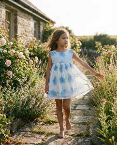 Vestido de Algodón Estampado Floral Azul para Niñas, con Base Blanca, Sin Mangas, para Fiestas de Verano, para Compradores de Boutiques - Product Image 4