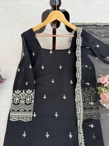 Traje Salwar de Georgette Foux Negro Bordado para Mujer, Ropa Tradicional India y Pakistaní para Bodas y Fiestas, Microalgodón de Secado Rápido - Product Image 4