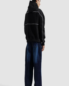 Sweat-shirt à capuche noir surdimensionné pour homme, détails rayés blancs, coton French Terry, style décontracté, streetwear d'automne - Product Image 1