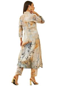 Women's Beige Poly <b>Linen</b> Abstract Print 2 <b>Piece</b> Long Co-Ord Set with Faux Mirror Elegant - Product Image 3