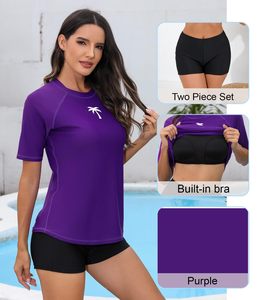 <b>Women</b> <b>Rash</b> <b>Guard</b> Two Piece Swimsuit Short Sleeve Stretchable Swimwear Surfing Beach Bathing Suit <b>Rash</b> <b>Guard</b> - Product Image 2