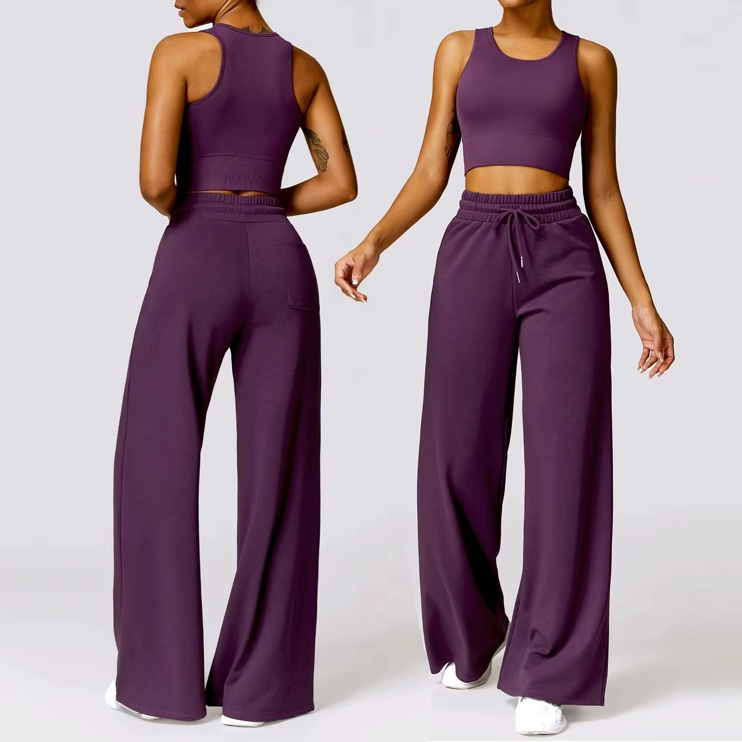 High Quality Womens Solid Front Logo Flared Leg Yoga Set Elastic Waist Anti-Bacterial Breathable Ribbed Quick Dry Seamless