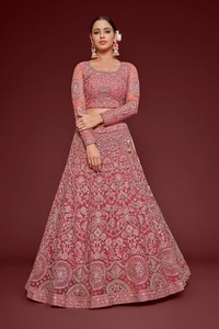 <b>Rose</b> Pink Embroidered Polyester/Cotton Lace Lehenga Choli Net Saree Set Traditional Wedding Outfit for Women - Product Image 4