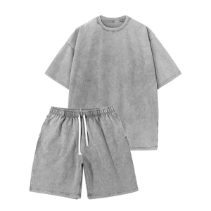 Men Acid Wash Summer <b>Set</b> High Quality Two Piece Outfit Acid Washed Short Sleeve Shirt And Matching Shorts For Active Lifestyle - Product Image 1