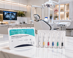 Fiches H en acier inoxydable, instruments endodontiques manuels pour canaux radiculaires, Classe I, certifiés ISO CE, radiopactes, avec embout en silicone pour radiographie - Product Image 1