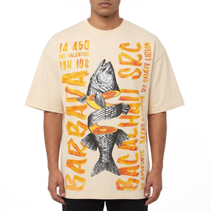 T-shirt imprimé surdimensionné pour homme avec motif animal poisson - 100% coton anti-plis style streetwear - Orange - Product Image 1