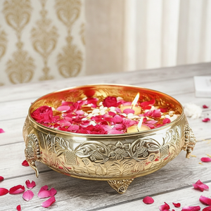 Bol de service traditionnel en aluminium doré de haute qualité, artisanal, avec motifs en relief, design artistique de plantes/fleurs, décoratif pour la maison, mariage - Product Image 5