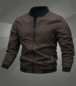 Custom Blank <b>Mens</b> Slim Fit Zipper <b>Fly</b> Varsity <b>Jacket</b> Classic Windproof Solid Color Stand Collar Polyester Material Wholesale - Product Image 1