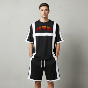 Heavyweight Eco-Friendly Quick Dry men's <b>2</b> <b>piece</b> <b>set</b> with <b>white</b> stripes Custom embroidered Logo Loose Fit man short <b>set</b> - Product Image 1