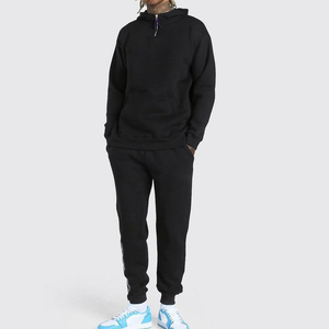 Men's <b>Black</b> Hooded Tracksuit Full Length Sweatshirt <b>Jogger</b> Set Solid Color Cotton Casual Autumn Wear Breathable Side Pockets - Product Image 1
