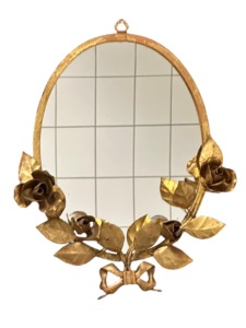 Oval Metal Wall Mirror With Gold Rose And Leaf Design Glam Decorative Handmade Frame - Product Image 1