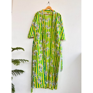 V-Neck Striped Animal Print Breathable Knitted <b>Kimono</b> Robe <b>Belt</b> Regular Fit Maxi Length Three Quarter Sleeve 300g 100% Cover-Up - Product Image 4