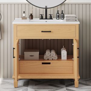 Mobile bagno moderno in rattan da 36 pollici con lavabo in ceramica, ante e cassetti a chiusura ammortizzata, e rivestimento per vasca autoportante - Product Image 2
