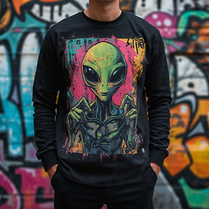 T-shirt unisexe noir à manches longues avec imprimé alien, coupe oversize, col rond, en coton, style hip-hop, décontracté, avec personnalisation OEM ODM - Product Image 2