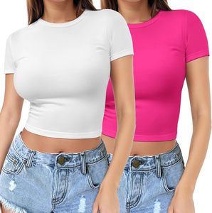 เสื้อครอปแขนสั้นสำหรับผู้หญิง ผ้าสแปนเด็กซ์ผสม ทรงเข้ารูป แฟชั่นสำหรับใส่เที่ยวกลางคืน - Product Image 1