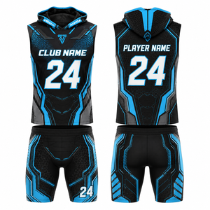 Tenues de basketball personnalisées MEGAMAPLE par sublimation, 100 % polyester, noir et bleu, respirantes, pour adultes, unisexe, ensemble maillot à capuche et short - Product Image 1