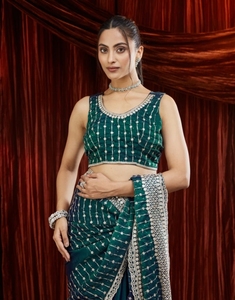 Sari de Mezcla de Seda Bordado Estilo Bollywood KV (Azul) - Product Image 4
