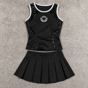 Custom <b>Black</b> Rhinestone Cheerleader Uniform Women Children Sleeveless Performance Outfit <b>Pleated</b> <b>Skirt</b> White Trim Competition - Product Image 4