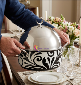Casserole isotherme moderne en acier inoxydable, design damas arabe, plat de service avec couvercle en forme de croissant, pour le Ramadan, les fêtes à domicile et les buffets - Product Image 4