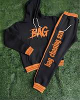 Ensemble de survêtement Bag Chasing SZN noir et orange, sweat à capuche brodé et pantalon, unisexe, streetwear, longueur intégrale, tenue décontractée d'automne