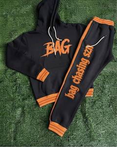 Ensemble de survêtement Bag Chasing SZN noir et orange, sweat à capuche brodé et pantalon, unisexe, streetwear, longueur intégrale, tenue décontractée d'automne - Product Image 1