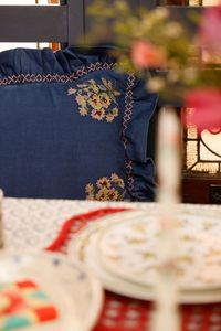 Blue Hand Embroidered Floral Cushion Cover with Ruffle Trim Cotton Custom Logo OEM - Product Image 4