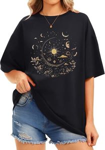 Camiseta Negra Holgada para Mujer con Estampado Celestial Dorado, Hombros Caídos, Manga Corta, Cuello Redondo, Estilo Bohemio, Top de Verano - Product Image 6