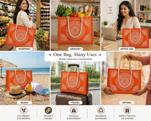 Orange Mandala Printed Jute <b>Mini</b> <b>Tote</b> <b>Bag</b> Eco Friendly Reusable Magnetic Closure Ethnic Block Print for Wedding Party Groceries - Product Image 6