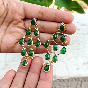 18K Gold Plated Wholesale <b>Drop</b> Earrings Green Onyx Multi Pear Gemstone Solid Brass Prong Set Jewelry Gifts - Product Image 3