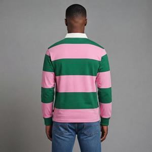 Camiseta Polo a Rayas de Manga Larga para Hombre, Cuello con Botones Verde y Rosa, Estilo Casual para Otoño - Product Image 6