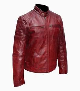 <b>Men's</b> Red Genuine <b>Leather</b> Stand Collar Zipper Closure Regular Fit Autumn Style Moto <b>Jacket</b> Available For Online Sale - Product Image 2
