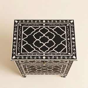 Handcrafted <b>Black</b> Bone Inlay <b>Bedside</b> Table 1 Drawer Moroccan Trellis Motif Luxury Indian Inlay Furniture <b>Bedside</b> <b>Cabinet</b> - Product Image 3