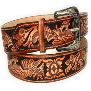 Western <b>Leather</b> Tooling <b>Belt</b> for <b>Men</b> & Women with Durable Edge Stitching & Floral Antique Brass Buckle Tooled <b>Leather</b> <b>Belt</b> - Product Image 5