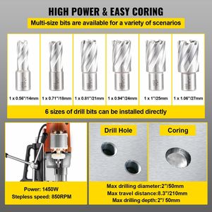 Taladro Magnético de 1450W, Diámetro de Perforación de 2 Pulgadas, 2900 LBS, 6 Brocas Anulares HSS, Velocidad de 850 RPM, 2900 LBS, 6 Brocas Anulares HSS - Product Image 3