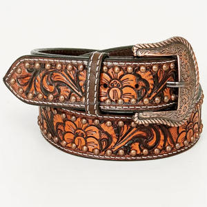 Beautiful Floral Hand Carved Men's Designer Western Leather Tooling <b>Belt</b> with Floral Copper Plated Western Buckle All Sizes - Product Image 2
