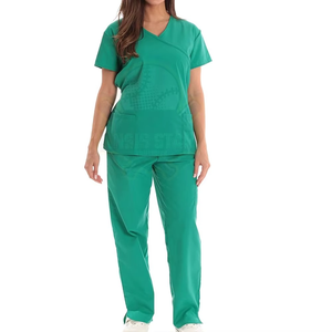 Ensemble de blouses médicales pour femmes de qualité supérieure, col en V, manches courtes, vert, uniformes d'hôpital, pantalon en coton et polyester, tissu personnalisé, faible MOQ - Product Image 1