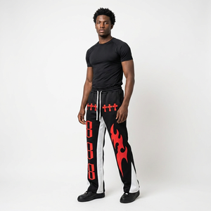 Pantalon de jogging décontracté pour homme, noir, imprimé flamme rouge, coupe évasée, taille mi-haute, taille élastique avec cordon de serrage, style urbain, avec bande latérale - Product Image 6