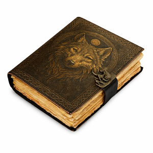 Diario artesanal de cuero vintage con diseño de lobo lunar, con tapas duras y papel artístico de borde deshilachado, tipo cuaderno de bocetos. - Product Image 1