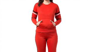 Survêtement de maternité rouge pour femme, manches longues, col rond, couleur unie, pantalon décontracté avec poches latérales, taille élastique, vêtements d'automne - Product Image 3